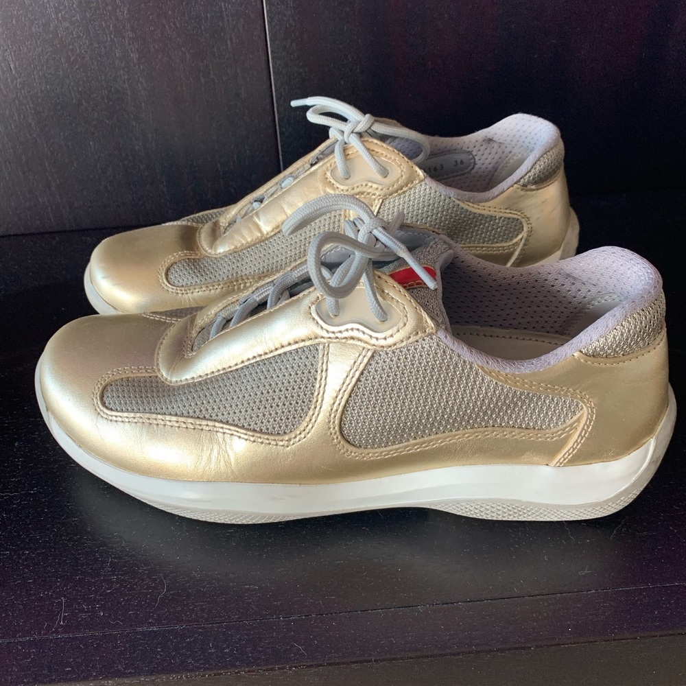 Prada gold leather sneakers, lightly worn!